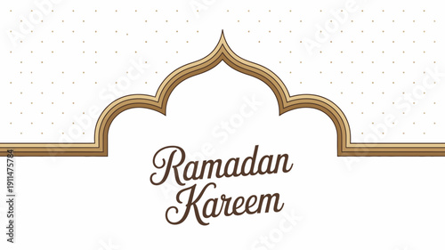 An ornate golden archway frames the calligraphy text Ramadan Kareem against a dotted off white background evoking islamic celebration high quality professional detailed modern elegant stylish