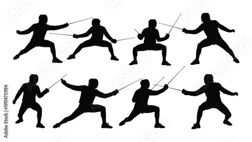 Silhouettes of martial artists performing various techniques and movements Vector