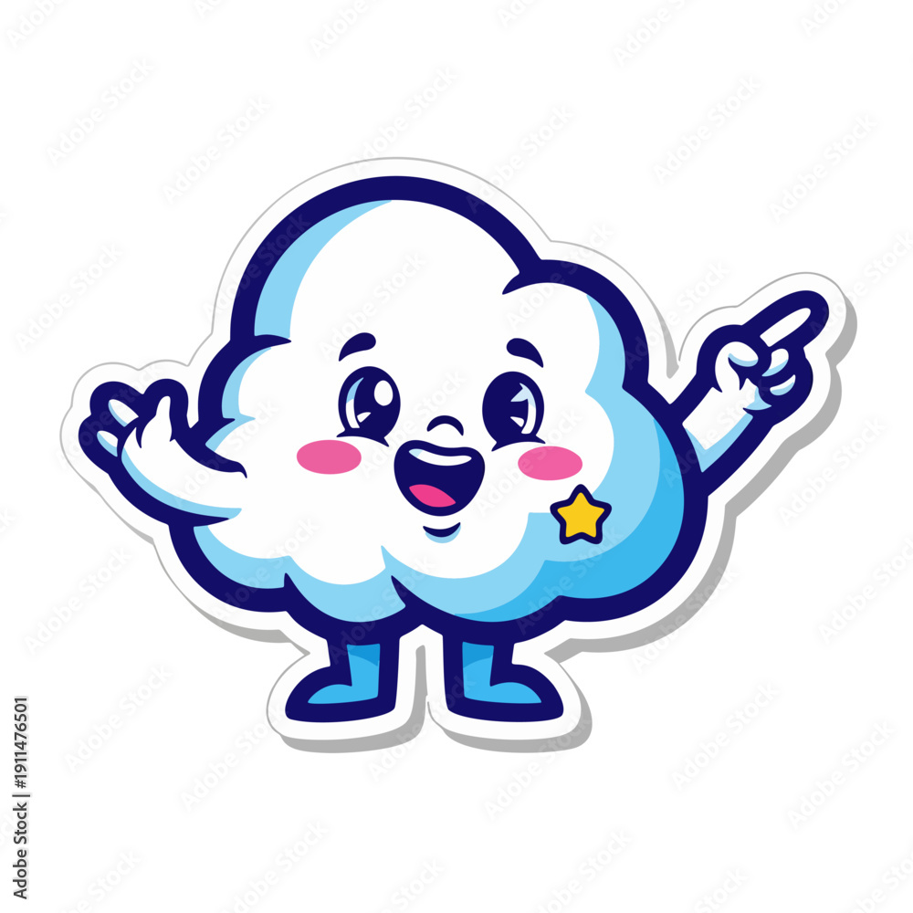 Obraz premium A cartoon cloud character happily gesturing with hands raised in a friendly white background scene as an eps illustration