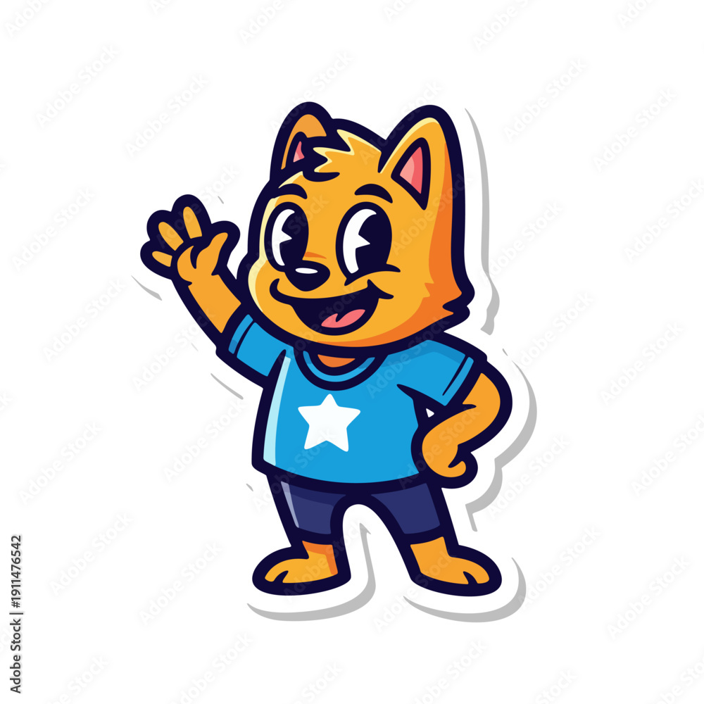 Fototapeta premium A cartoon cat character waving with a star on its blue shirt standing on a white background in eps file r73.eps