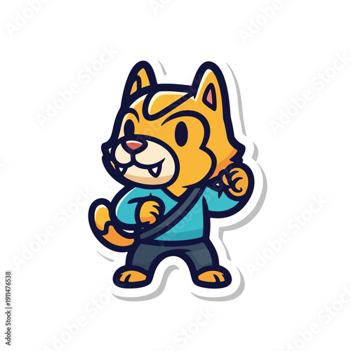 A cartoon cat wearing a blue shirt and pants, standing on its hind legs and holding a bag, vector illustration, r78.eps reference