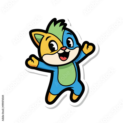 A cartoon cat illustration with vibrant colors and dynamic pose showcases creativity and playfulness in a graphic design.