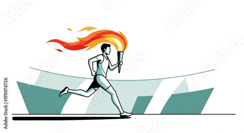 A dynamic vector illustration of a runner carrying a flaming torch across a stylized stadium background, symbolizing the start of a sporting event.