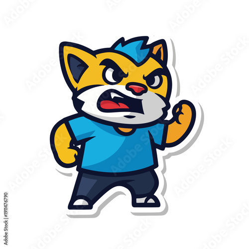 A cartoon cat character standing in a dynamic pose, wearing casual clothing, with a bold expression, against a plain background, viewed from the front.