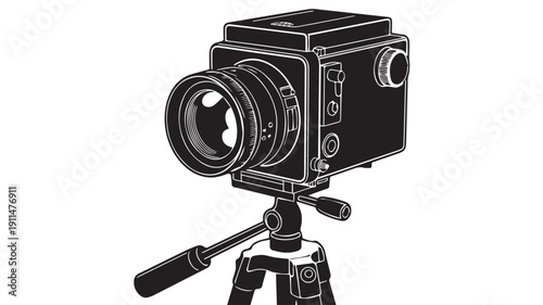 Classic Medium Format Camera on Tripod - Vintage Photography Equipment Illustration