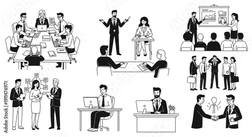 Detailed black and white line art illustrations of diverse office workers collaborating at a large table, presenting data, working solo at desks, and celebrating success.