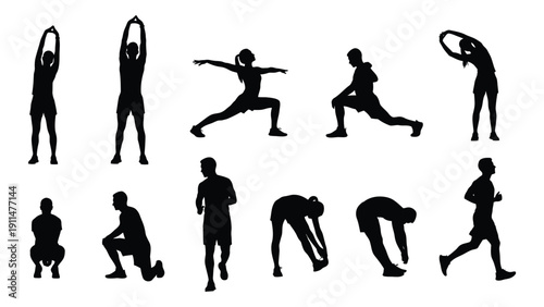 A diverse collection of people performing various yoga poses and exercises. Vector