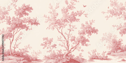 A seamless vintage-style landscape design featuring stylized trees and birds in shades of red. The design evokes a sense of tranquility and nature