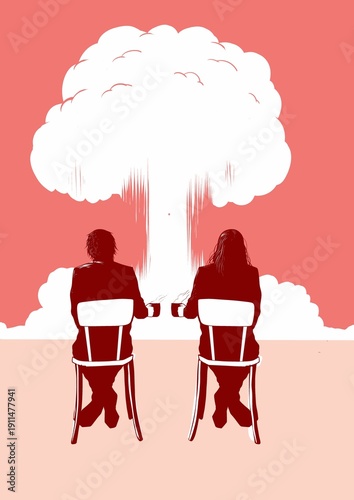 Foto Two people watching nuclear explosion – Concept of political decisions and globa