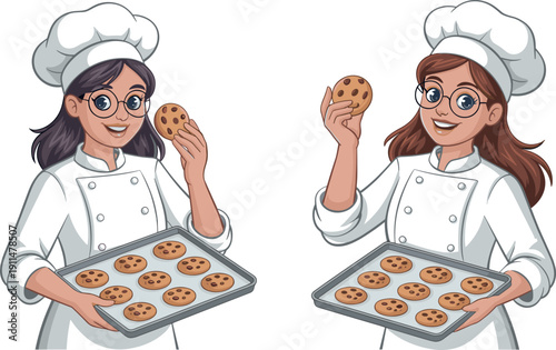 Cute cartoon female chef wearing white uniform and hat holding a tray of fresh chocolate chip cookies vector illustration.