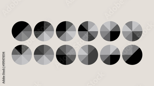 A series of circular shapes display varying shades of gray progressing from solid black to white arranged in two horizontal rows high quality professional detailed modern