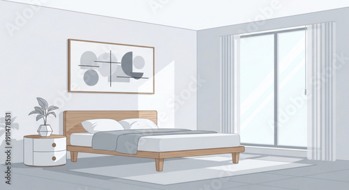 Modern bedroom interior with a wooden bed minimalist abstract art and large window with natural light ideal for home decor and interior design concepts