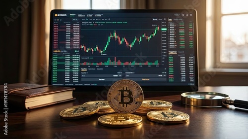 Bitcoin Trading Monitor: A close-up shot captures several bitcoin coins scattered on a wooden desk, with a laptop displaying a dynamic stock market graph in the background.