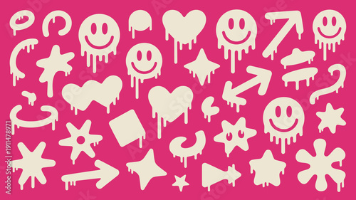 A vibrant pink background displays a playful assortment of dripping cream colored doodles including smiley faces hearts stars and abstract shapes high quality professional detailed modern
