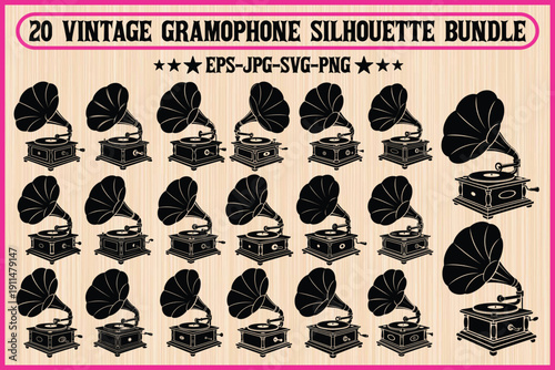Collection of vintage gramophone silhouettes in black and white design bundle Vector