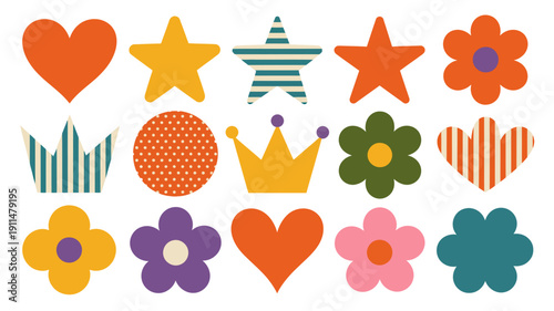A colorful arrangement of playful shapes including hearts stars flowers and crowns creating a cheerful and decorative pattern high quality professional detailed modern elegant stylish clean