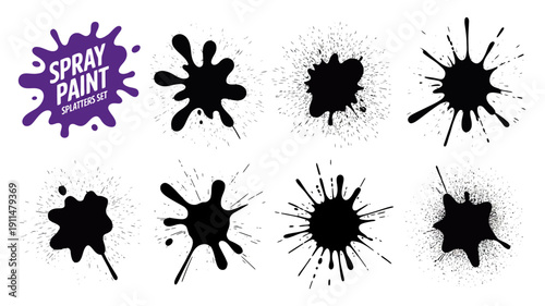 A collection of black spray paint splatters and a purple spray paint banner are displayed on a clean white background high quality professional detailed modern elegant