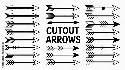 A collection of black arrows and arrowheads arranged in rows with the text cutout arrows prominently displayed in the center high quality professional detailed modern elegant