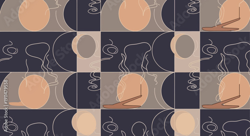 Abstract geometric background with circular and crescent moon-like shapes and subtle line art creating a modern, serene aesthetic