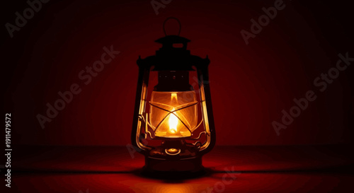 A classic antique oil lamp emits a warm, comforting glow in the dark, symbolizing a timeless source of light and a touch of vintage charm, casting a soft ambiance