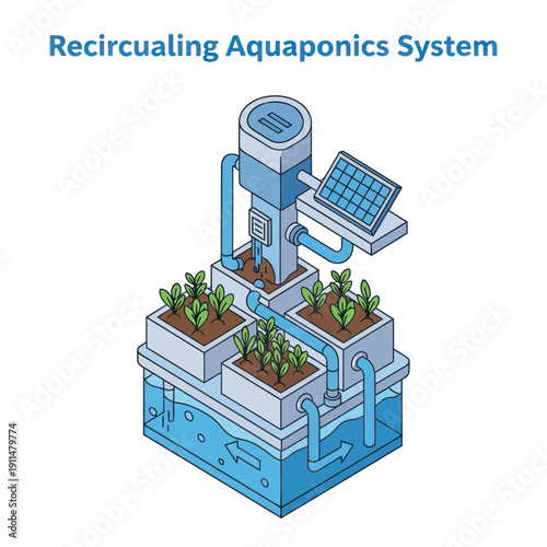Recirculating Aquaponics System with Plants and Solar Panel.