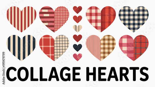 A vibrant collection of hearts showcases various patterned textiles including stripes checks and gingham arranged in a playful collage high quality professional detailed modern elegant stylish