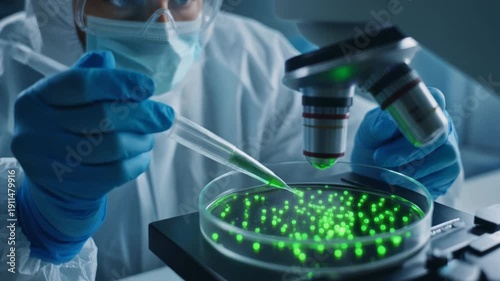 Scientist examining glowing green cells in laboratory setting using microscope and pipette
