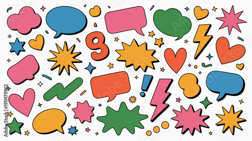 A vibrant collection of colorful cartoon elements including speech bubbles stars hearts lightning bolts and a number nine high quality professional detailed modern elegant stylish clean