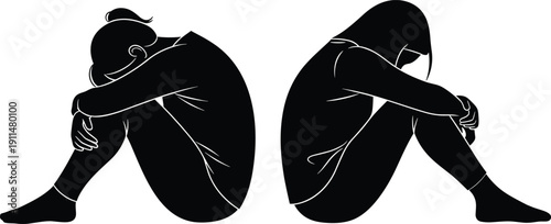 Silhouettes of Two Sad People Sitting Back to Back for Depression Anxiety Loneliness Relationship Conflict Grief and Mental Health Awareness Graphic Design Elements,