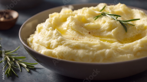 A bowl of creamy mashed potatoes with melted butter and rosemary