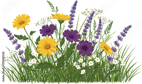 Colorful wildflowers and purple lavender in a lush green meadow