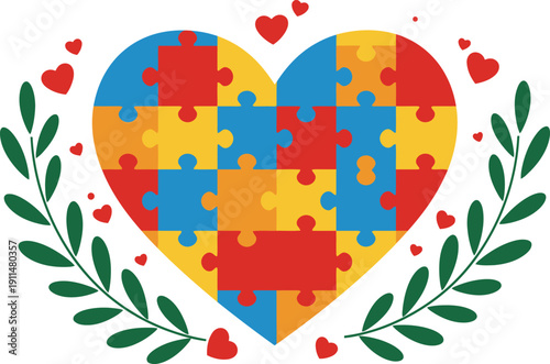 Colorful heart shaped puzzle pieces with floral elements and leaves