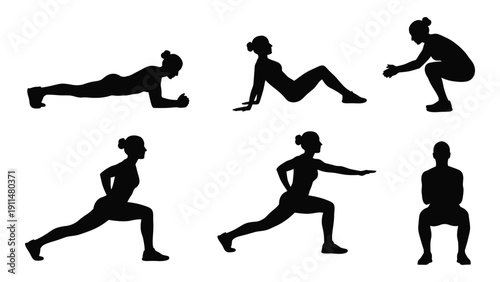 Six different silhouettes of people performing various exercises and stretches Vector
