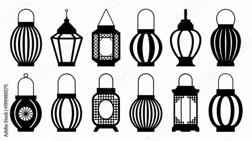 A collection of stylized black and white lantern illustrations arranged in a grid showcasing diverse shapes and designs high quality professional detailed modern elegant stylish clean