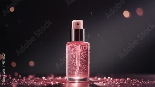 A luxurious pink serum bottle with a dropper surrounded by glittering particles on a dark reflective surface viewed from the front