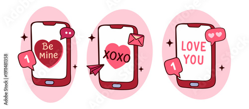  Romantic Love Messages on Smartphone Screens Flat Vector Illustration, Romantic Chat, Love-Themed Flat Vector Designs Set for Valentine’s Day, Wedding, Anniversary, and Marriage Proposal