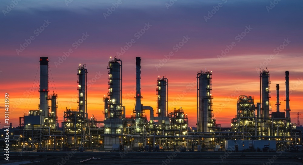 Fototapeta premium Oil refinery plant with glowing lights at dusk against a colorful orange and purple sky. Energy industry, petroleum production concept.