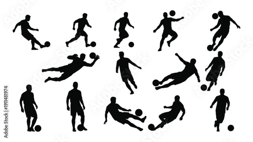 Silhouettes of soccer players in action on a field Vector