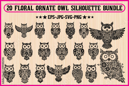 Floral ornate owl silhouette vector bundle for designers and artists Vector