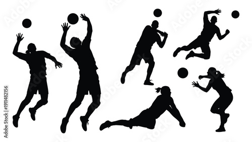 A dynamic display of various volleyball actions and positions in silhouette Vector