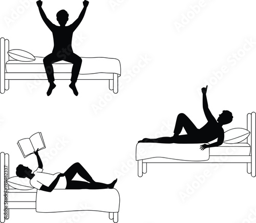 Man in bed silhouettes set, person waking up stretching and reading book in bedroom, morning routine and relaxation vector icons, restful sleep