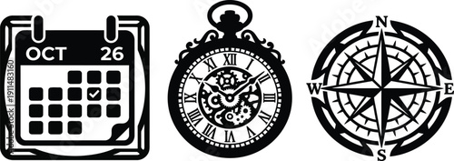 A set of vintage elements including calendar icon, pocket watch with intricate gears, and compass