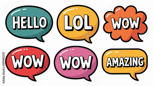 A colorful collection of speech bubbles displays various internet slang and exclamations like hello lol wow and amazing high quality professional detailed modern elegant stylish clean