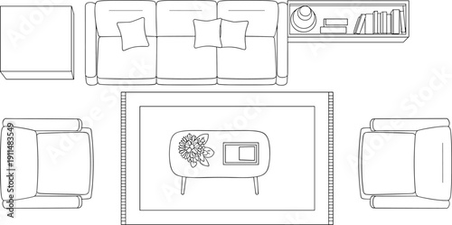 Living room furniture top view layout set, sofa armchairs table carpet decor pack, line vector illustration, isolated background