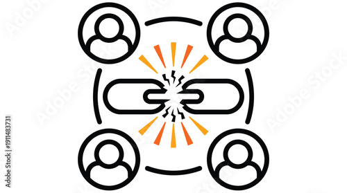 Broken chain link with people and orange rays white