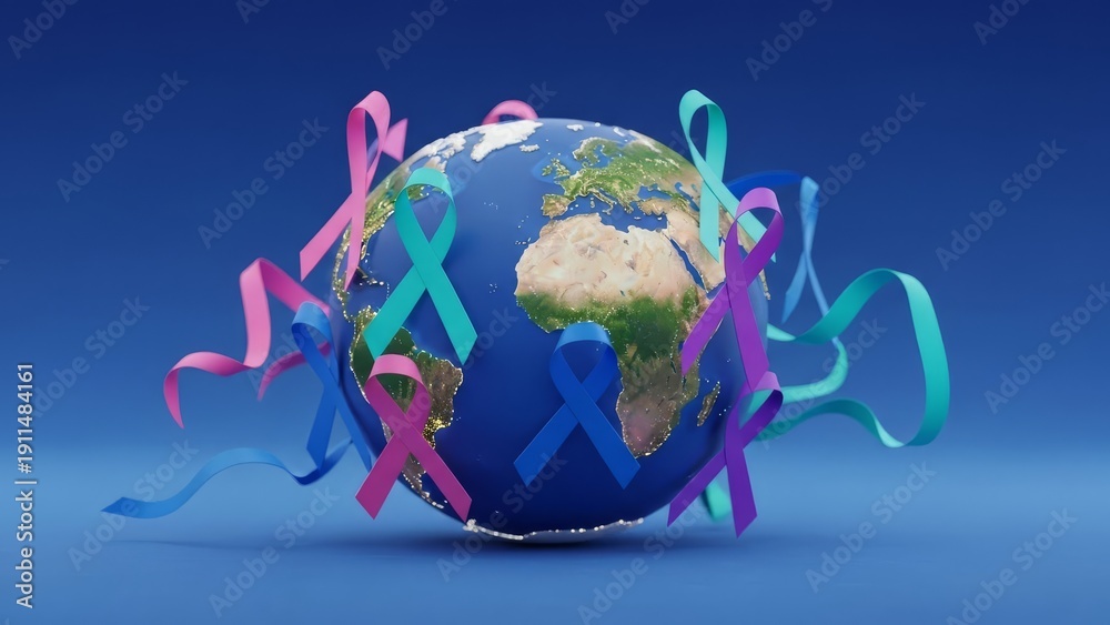 Naklejka premium Colorful awareness ribbons encircle a detailed Earth globe against a solid blue background, symbolizing global health initiatives.