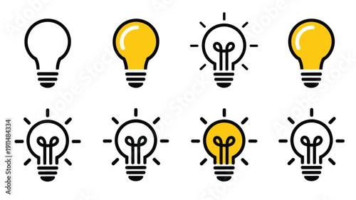 Lightbulbs in different states of illumination yellow black