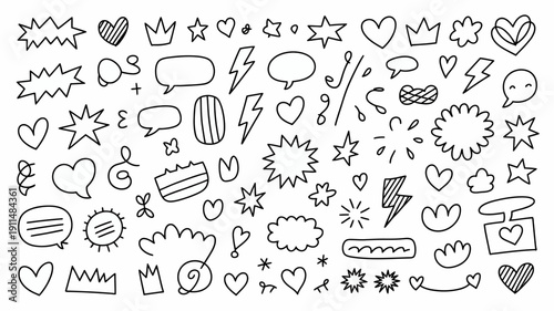 A playful collection of hand drawn doodle elements including hearts stars crowns speech bubbles and lightning bolts in black and white high quality professional detailed modern