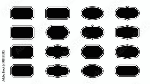 A collection of twelve black labels with varying shapes and decorative borders are displayed against a plain white background high quality professional detailed modern elegant stylish