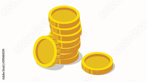 Stack of gold coins with coin leaning and lying flat money currency